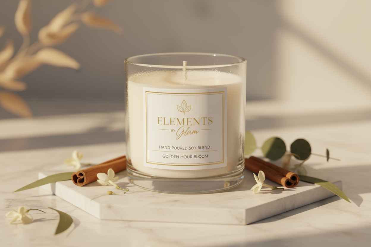 put the logo Elements by Glam onto the front of the candle